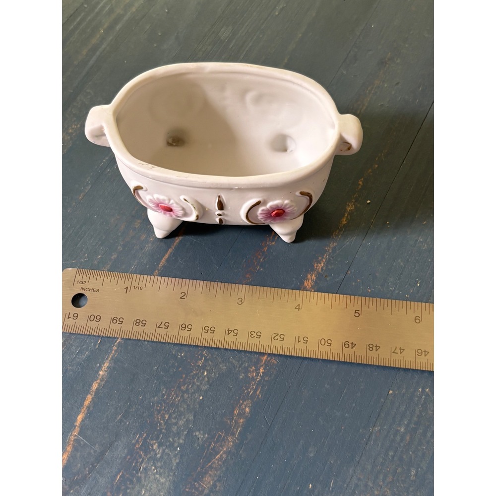 Vintage Ceramic Miniature Clawfoot Bathtub Planter Pink Floral Gold Trim 4.5in - Picture 7 of 7